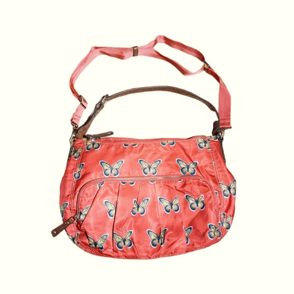 Franco Sarto Orange Butterfly Nylon Crossbody Shoulder Messenger Bag 14"X10"X6"